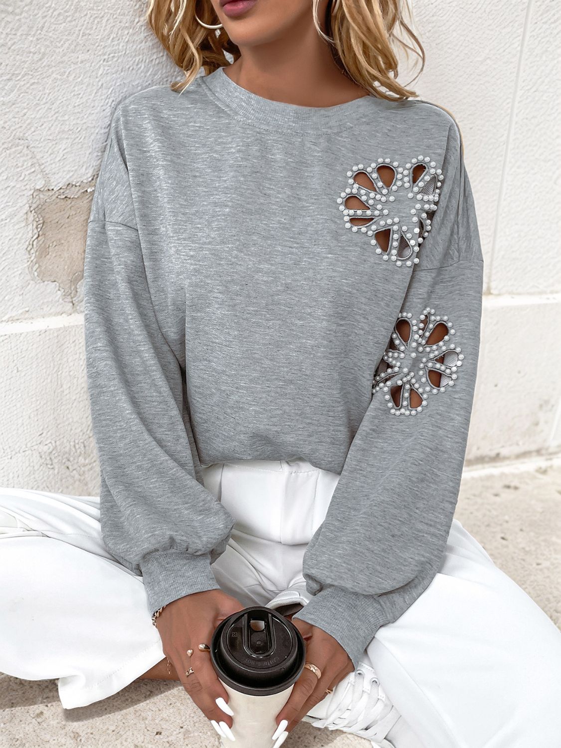 Perfee Cutout Pearl Round Neck Long Sleeve Sweatshirt