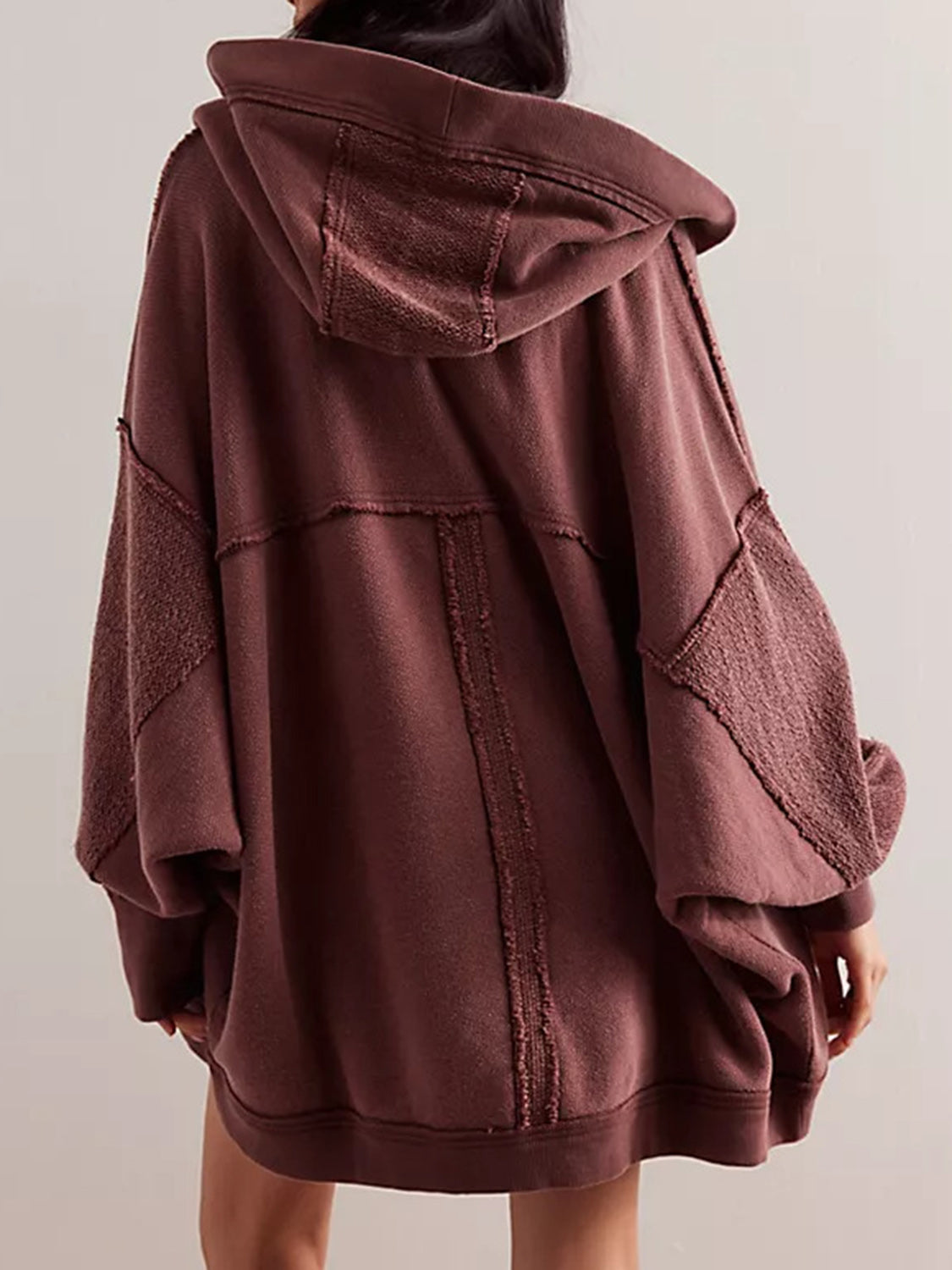 Exposed Seam Open Front Batwing Sleeve Hooded Cardigan