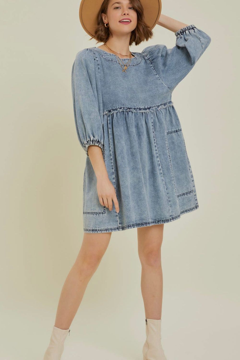 Cutout Round Neck Balloon Sleeve Denim Dress